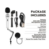 Samson Q2U USB and XLR White Microphone and Boom Arm Microphone Stand Bundle