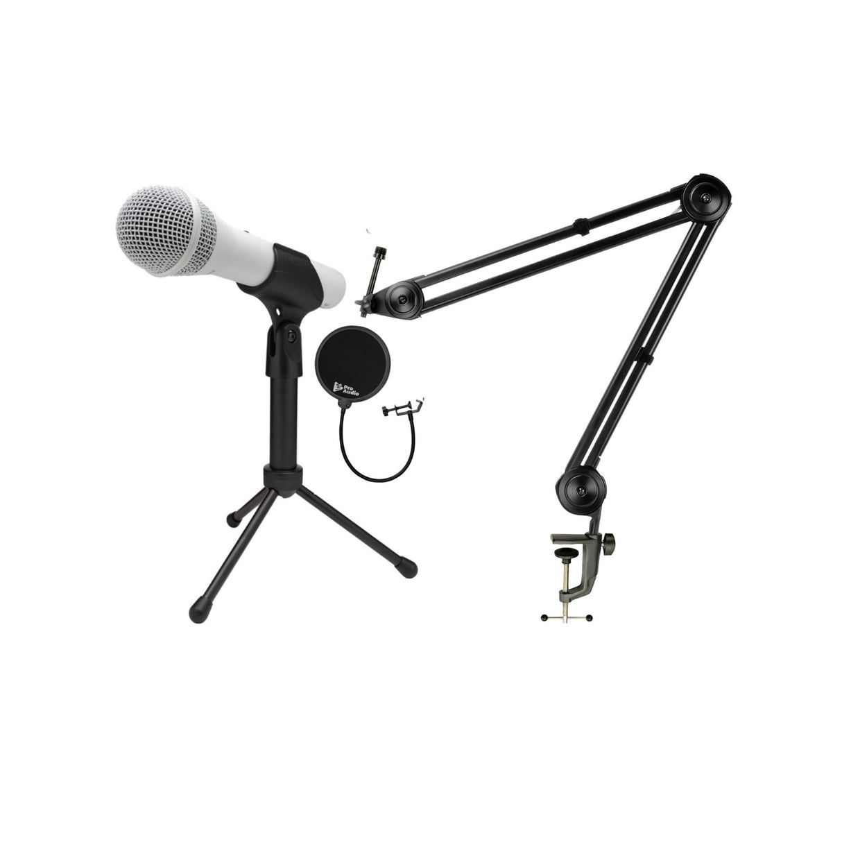 Samson Q2U USB and XLR White Microphone and Boom Arm Microphone Stand Bundle