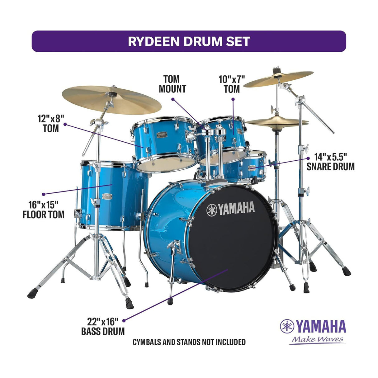 Yamaha Rydeen 5-Piece Drum Set with Poplar Shells and P3 Bass Drum Head Sky Blue