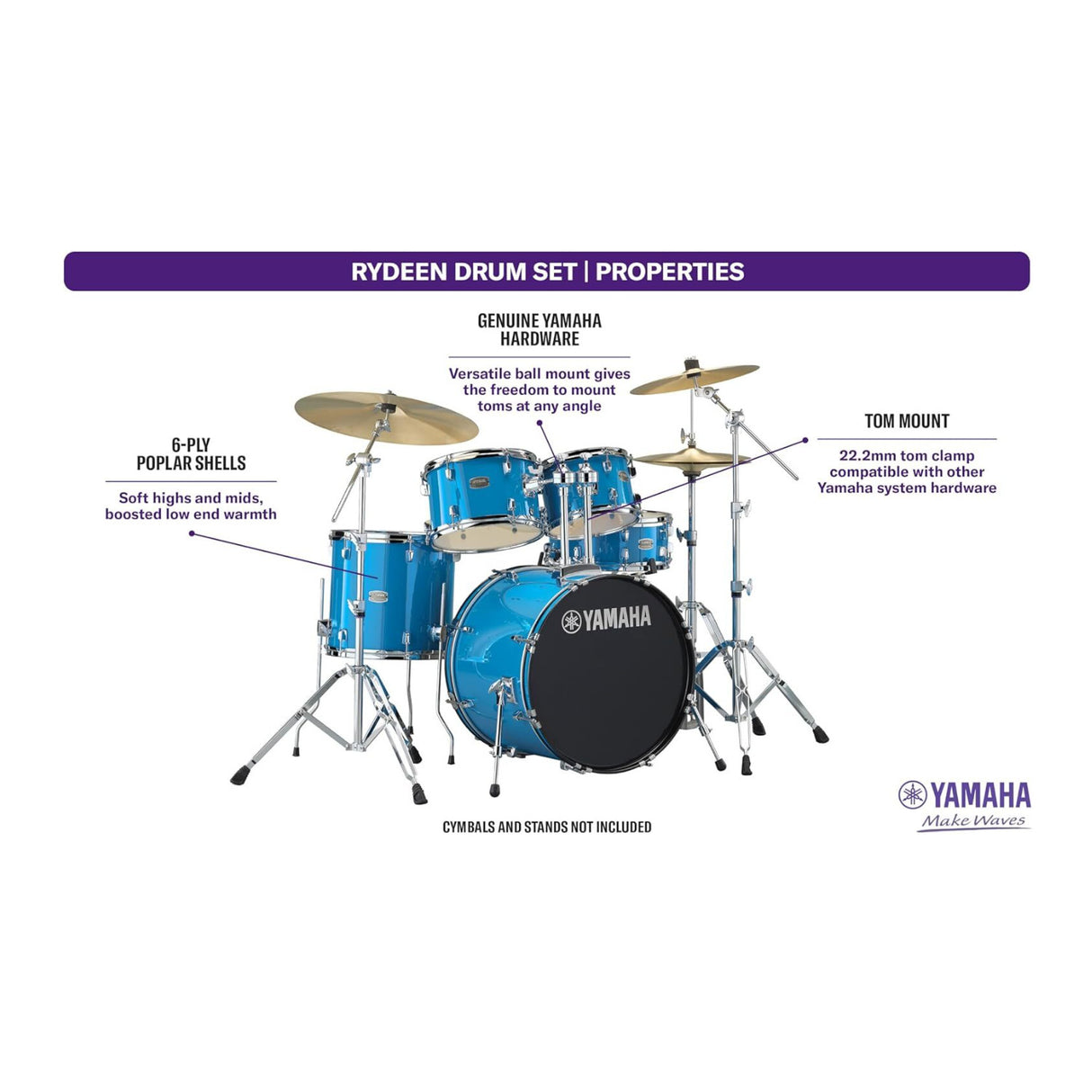 Yamaha Rydeen 5-Piece Drum Set with Poplar Shells and P3 Bass Drum Head Sky Blue