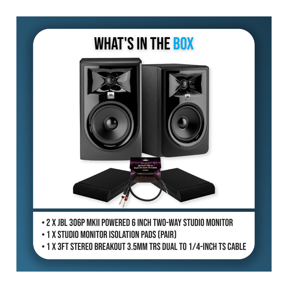 JBL 306P MkII Powered 2-Way Studio Monitor Pair Bundle Isolation Pads and Cable