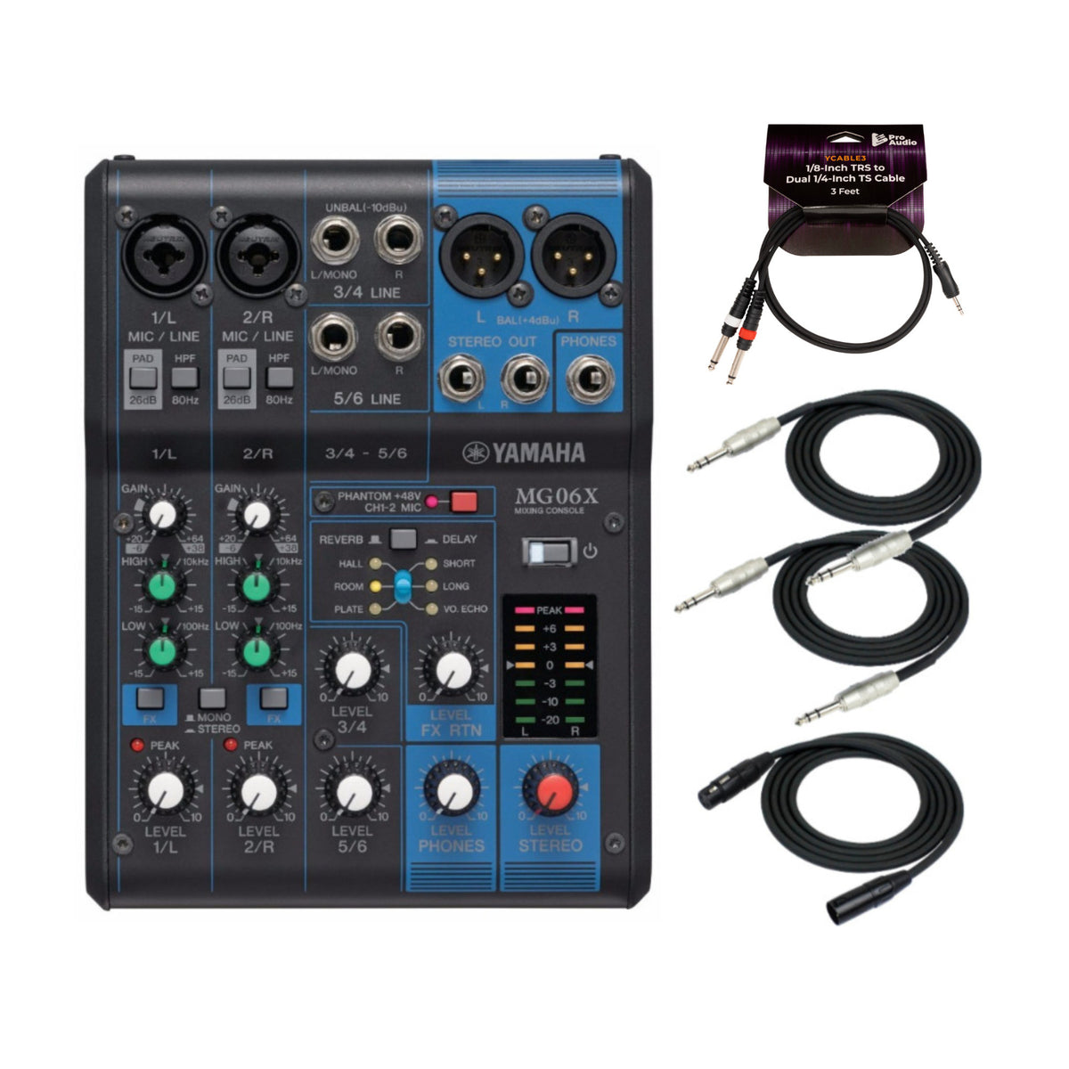 Yamaha MG06X 6-Input Compact Stereo Mixer with FX Bundle Including 1/4-Inch Cables, Cable, and Cable