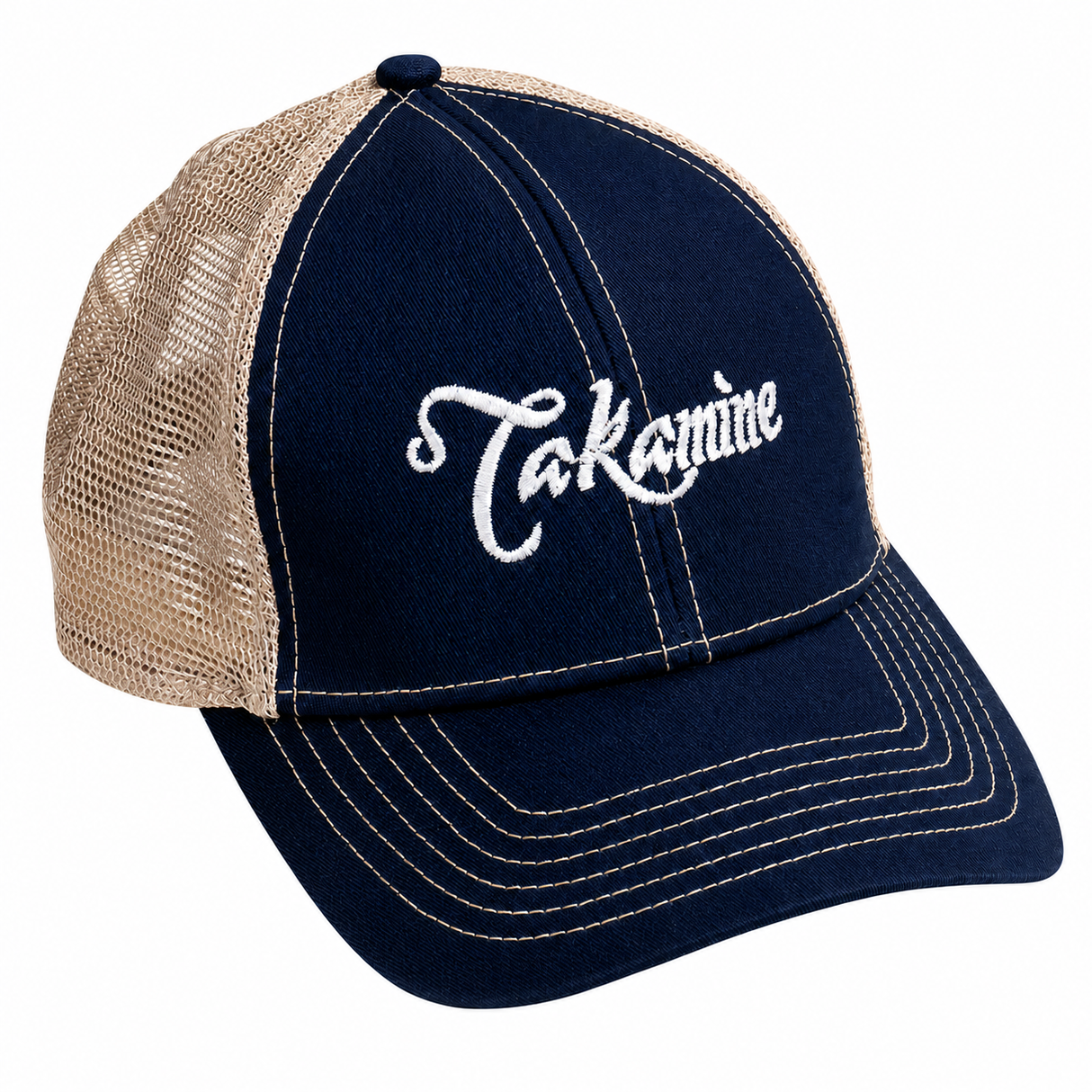 Takamine Guitars Trucker Hat Adjustable Velcro One Size – Official Guitar Brand Cap (Navy Blue ,Tan)