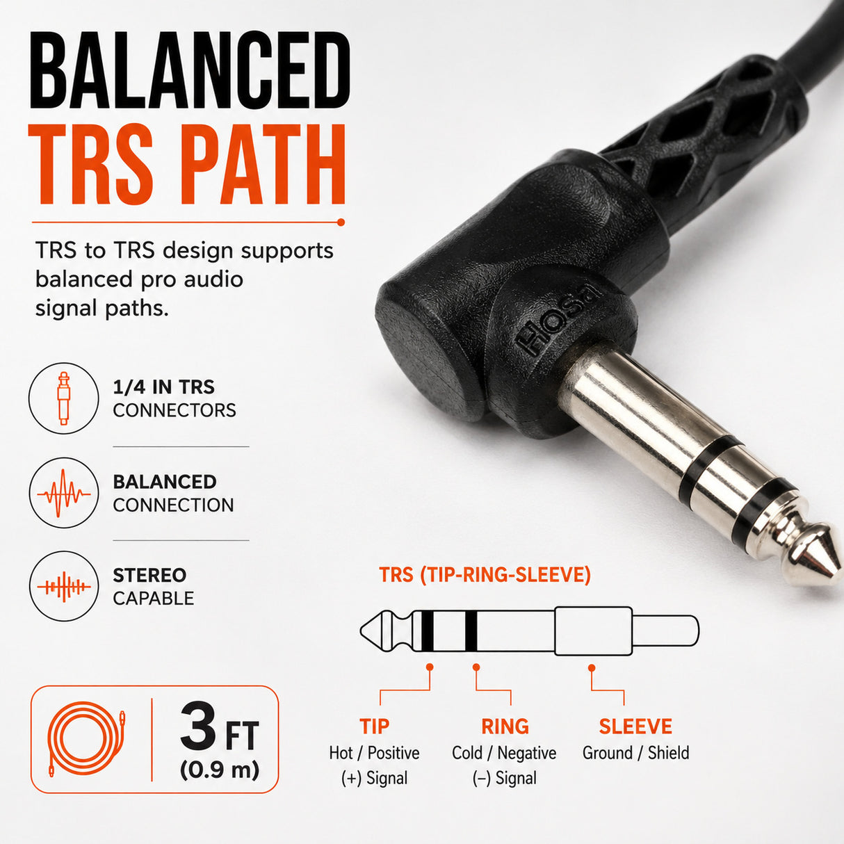 Hosa Balanced Interconnect, Right-angle 1/4 in TRS to Same, 3 ft