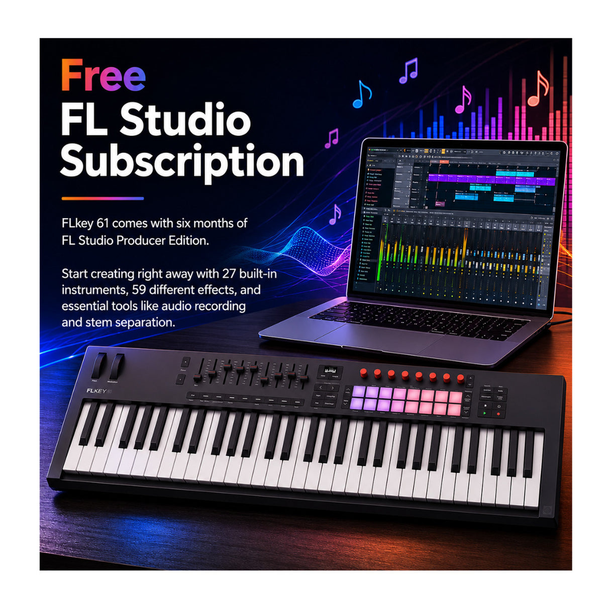 Novation FLkey 61 MK2 FL Studio MIDI Keyboard Controller with Semi-weighted Keys