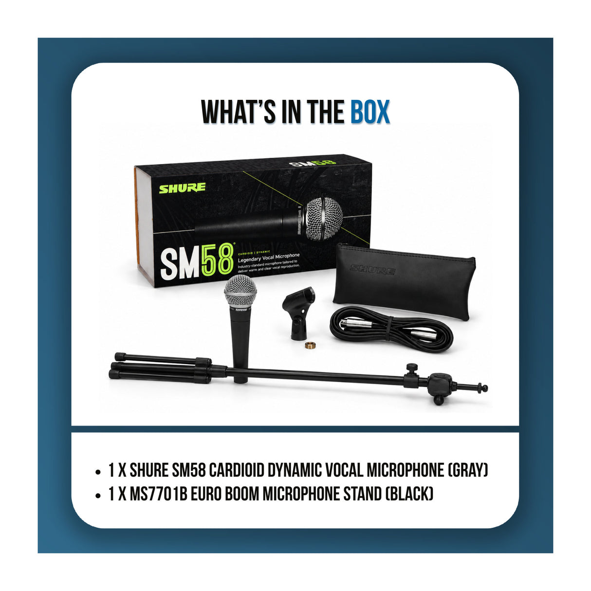 Shure SM58 Cardioid Dynamic Vocal Microphone Bundle with Boom Microphone Stand