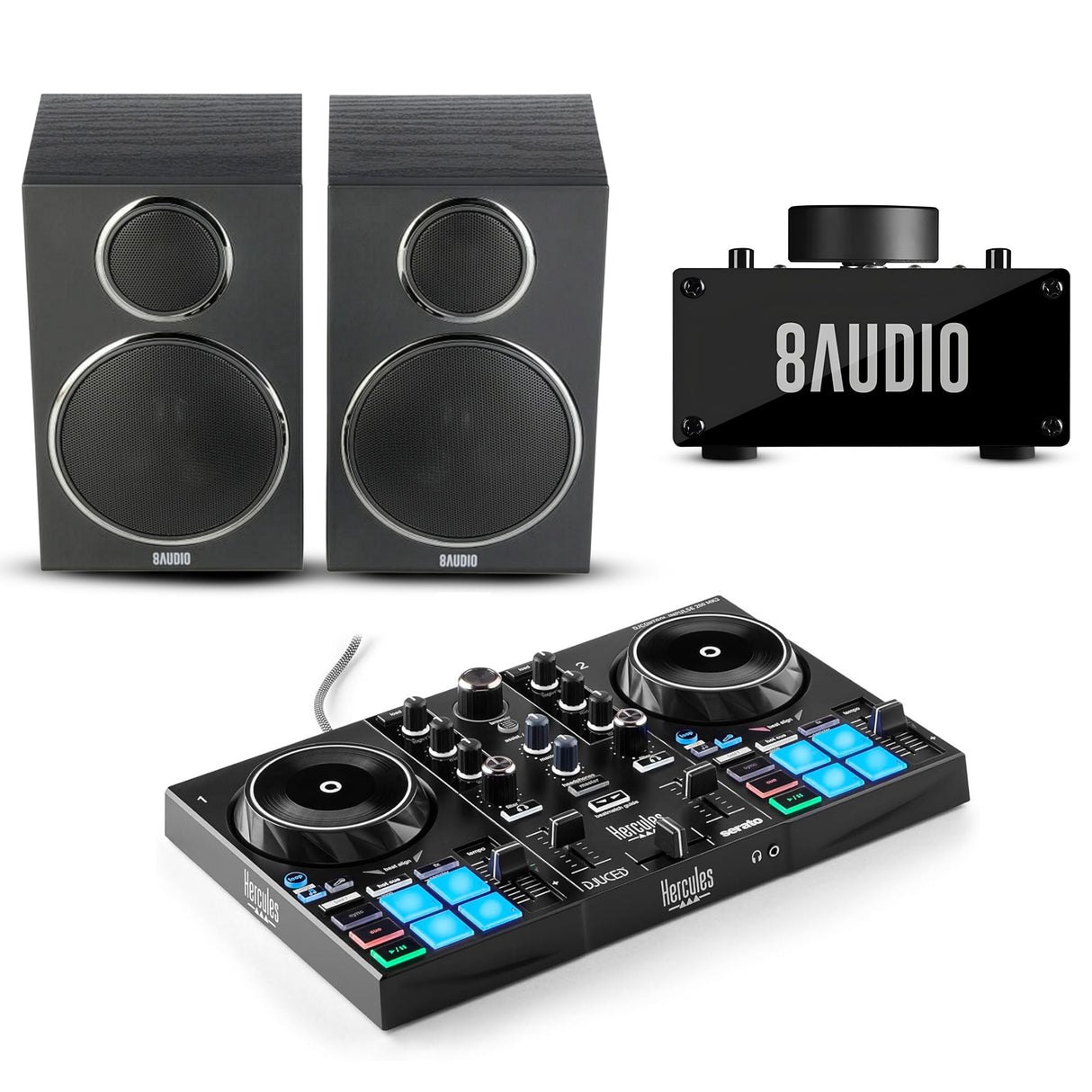 Hercules DJControl Inpulse 200 MK3 DJ Controller 2 Deck USB C Mixer with Amplifier System Bundle