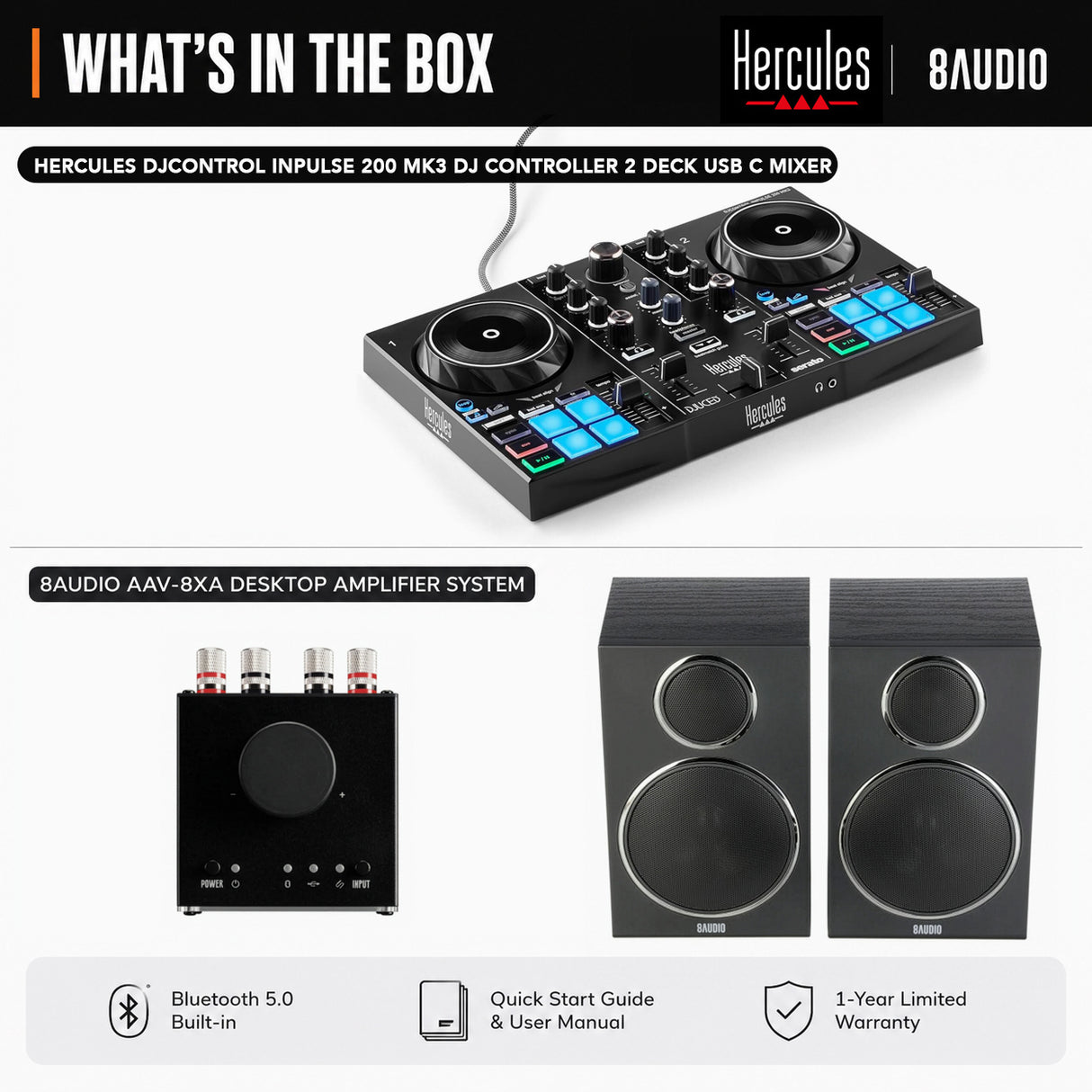 Hercules DJControl Inpulse 200 MK3 DJ Controller 2 Deck USB C Mixer with Amplifier System Bundle