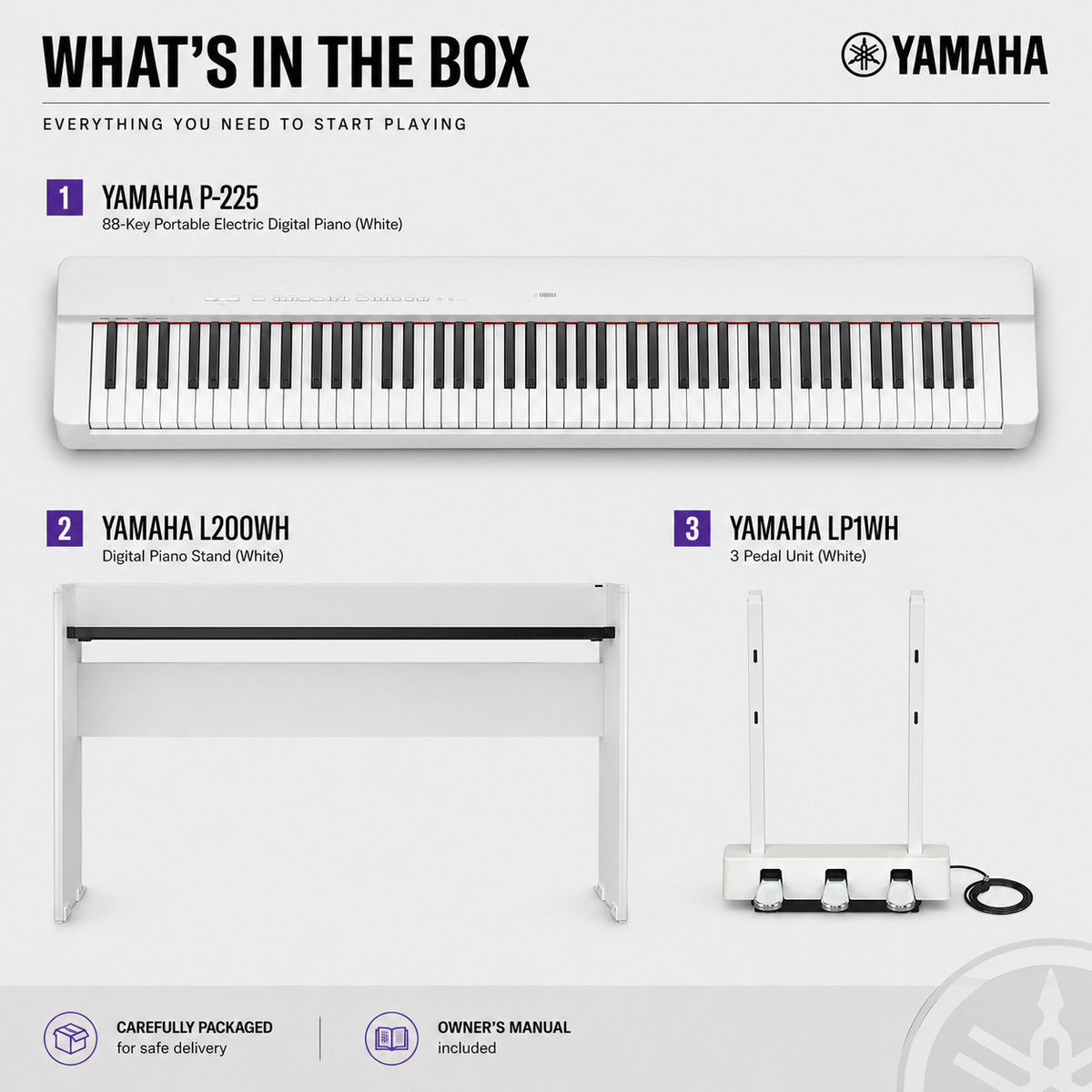 Yamaha P-225 88-Key Portable Digital Piano with Stand and Pedal Unit (White)