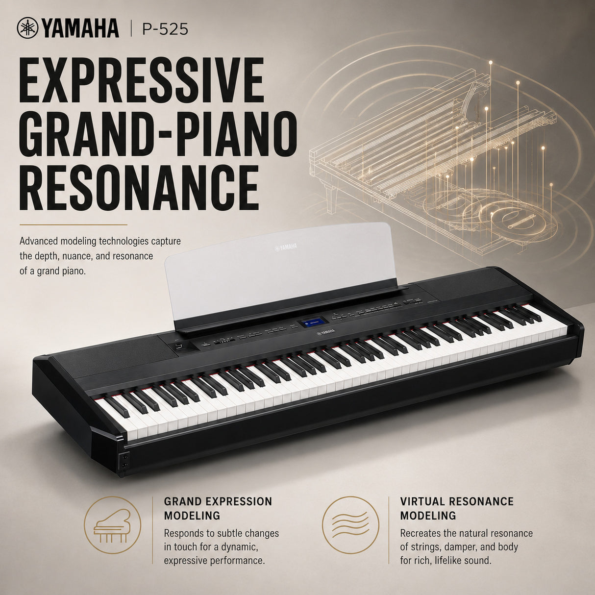 Yamaha P525 88-Key Weighted Action Digital Piano Bundle with Stand and Bench (Black)