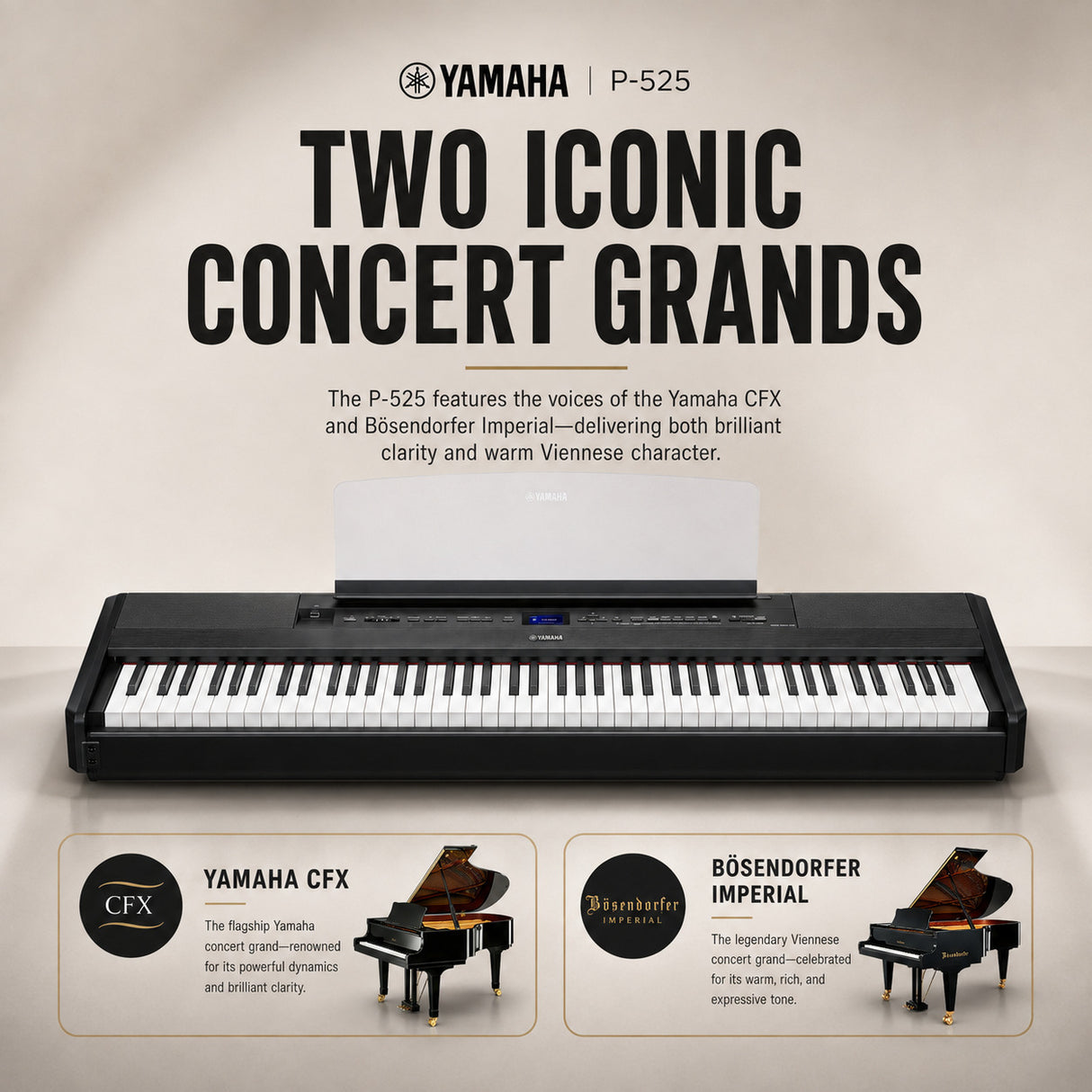 Yamaha P525 88-Key Weighted Action Digital Piano Bundle with Stand and Bench (Black)