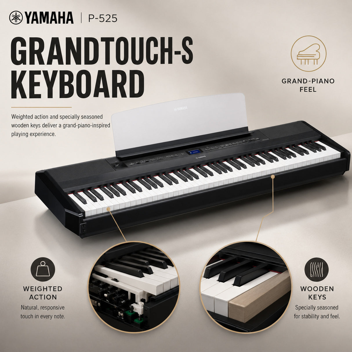 Yamaha P525 88-Key Weighted Action Digital Piano Bundle with Stand and Bench (Black)