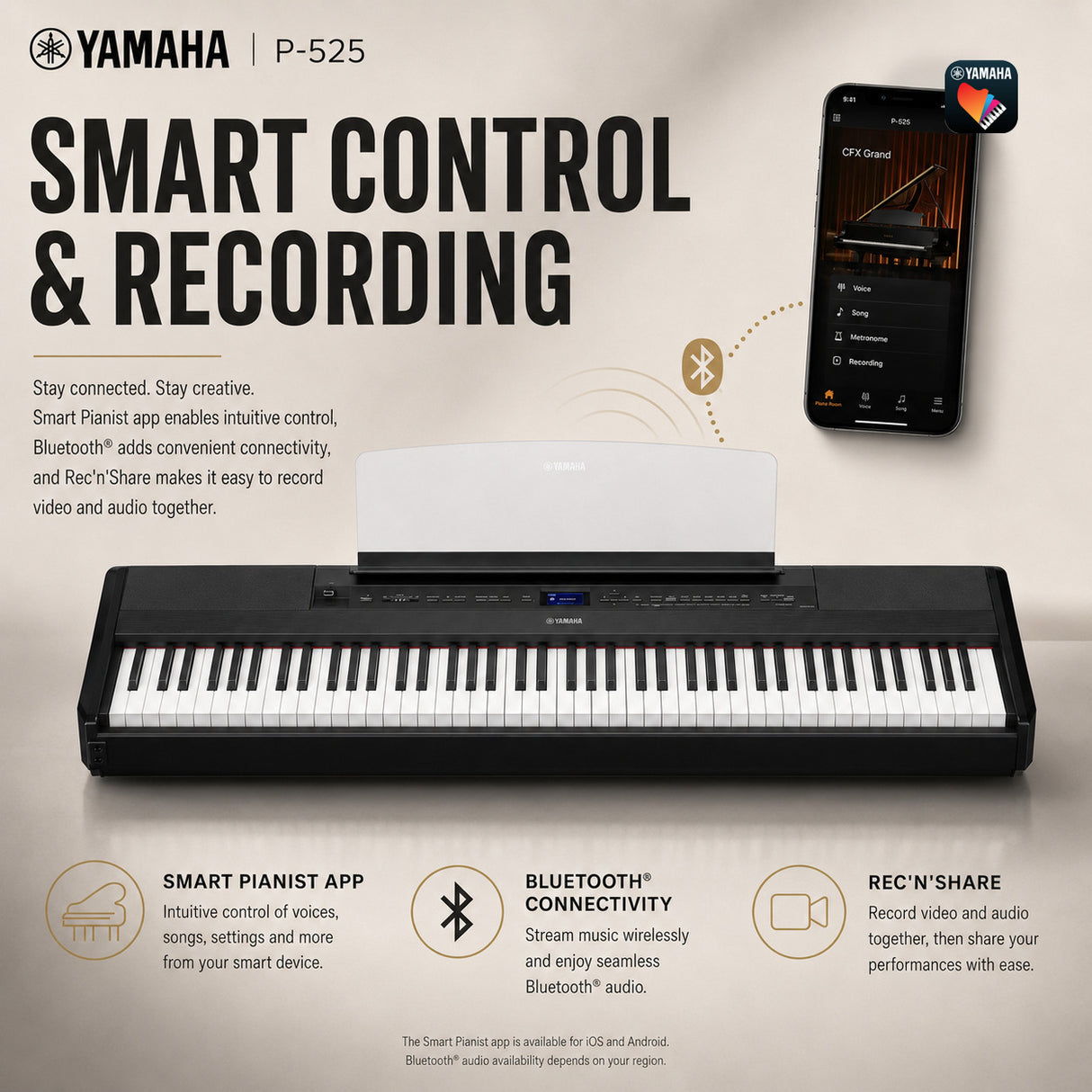 Yamaha P525 88-Key Weighted Action Digital Piano Bundle with Stand and Bench (Black)