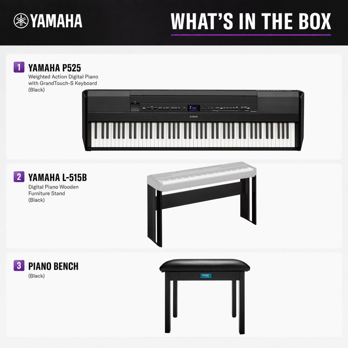 Yamaha P525 88-Key Weighted Action Digital Piano Bundle with Stand and Bench (Black)