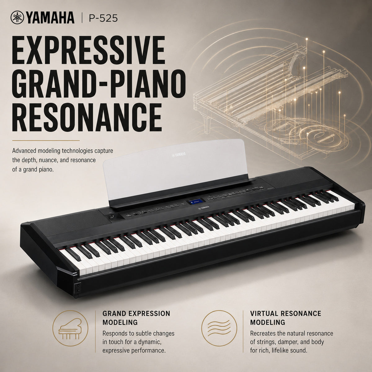 Yamaha P525 88-Key Weighted Action Digital Piano Bundle with Stand (Black)