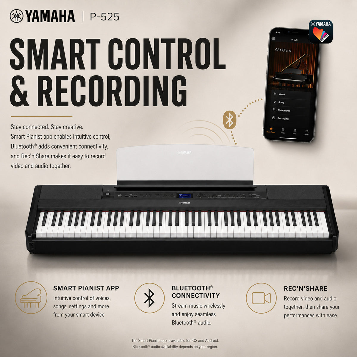 Yamaha P525 88-Key Weighted Action Digital Piano Bundle with Stand (Black)