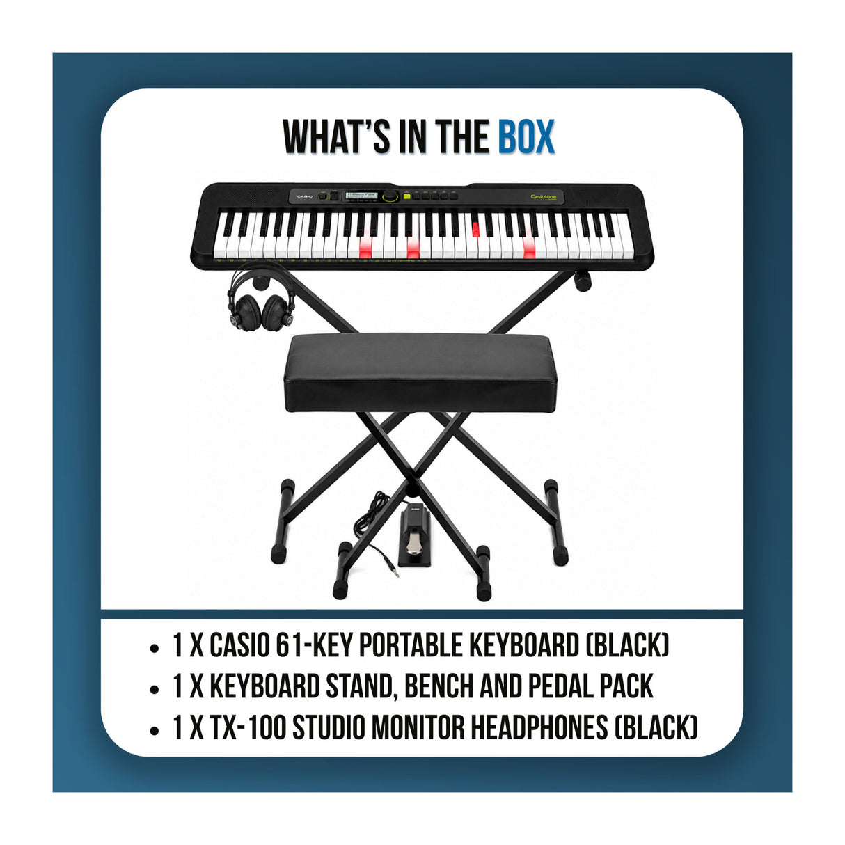 Casio Casiotone LK-S250C3 61-Key Keyboard Bundle with Stand, Bench, Sustain Pedal, and Headphones