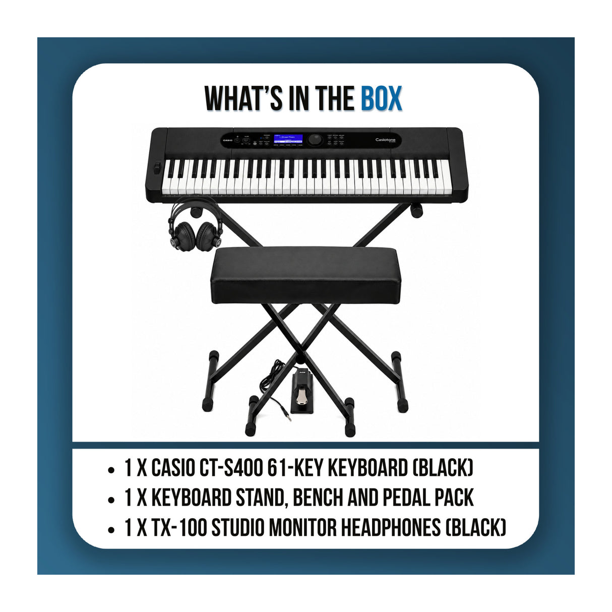 Casio Casiotone CT-S400 61-Key Keyboard Bundle with Stand, Bench, Sustain Pedal, and Headphones