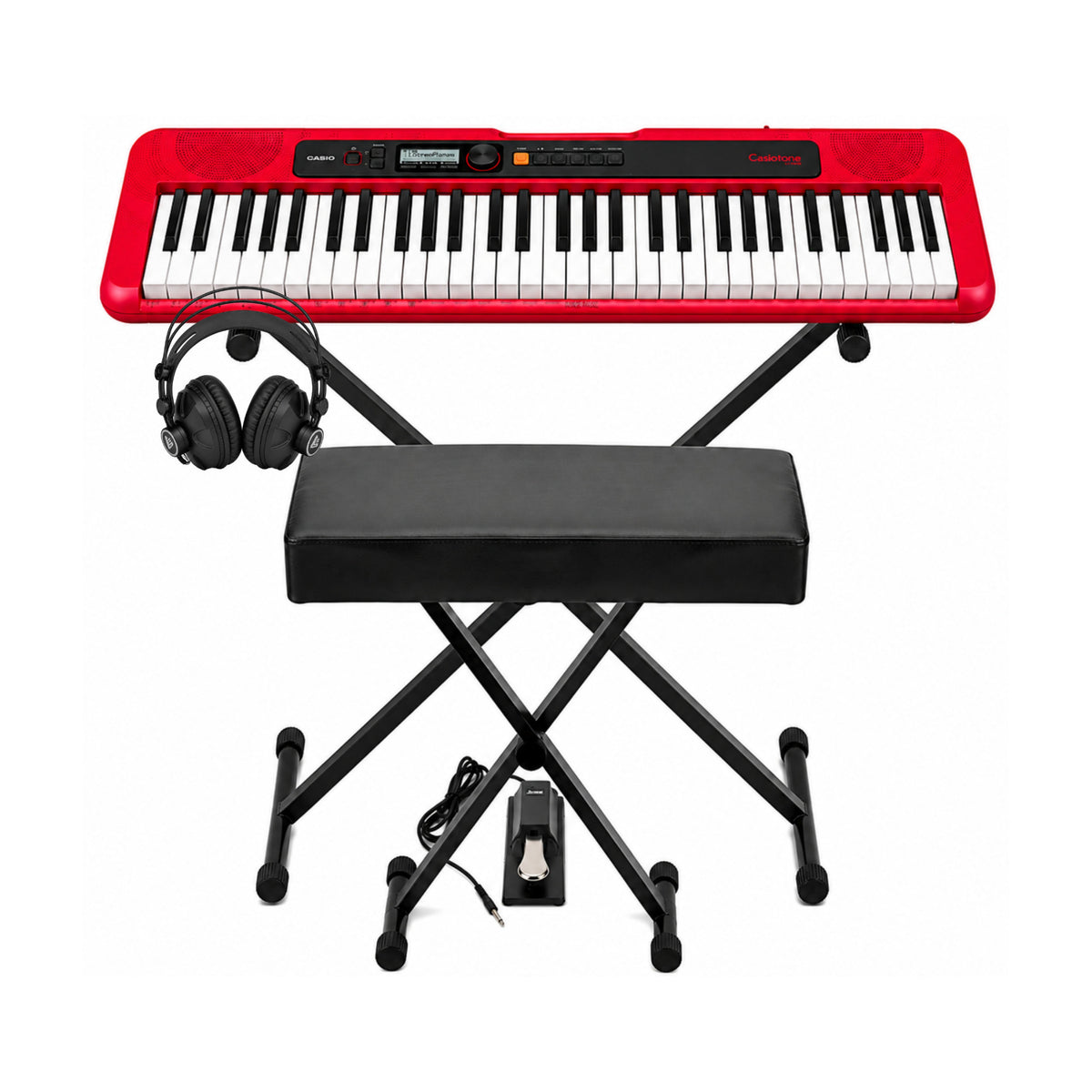 Casio Casiotone CT-S200 Red 61-Key Keyboard Bundle with Stand, Bench, Pedal, and Headphones