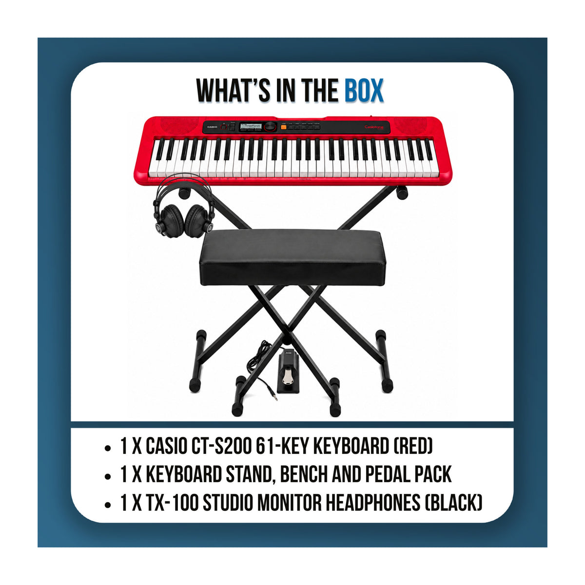 Casio Casiotone CT-S200 Red 61-Key Keyboard Bundle with Stand, Bench, Pedal, and Headphones