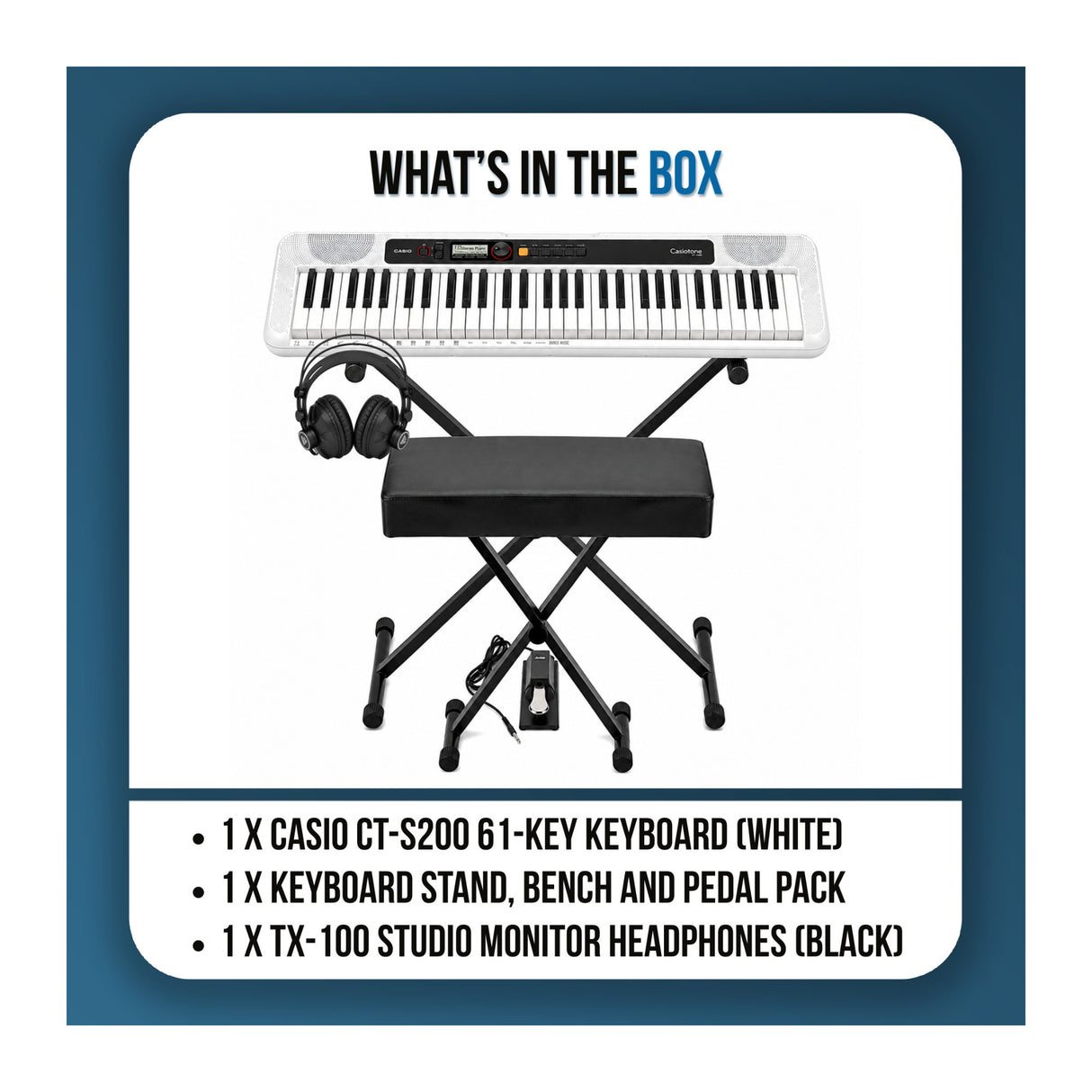 Casio Casiotone CT-S200 White 61-Key Keyboard Bundle with Stand, Bench, Pedal, and Headphones
