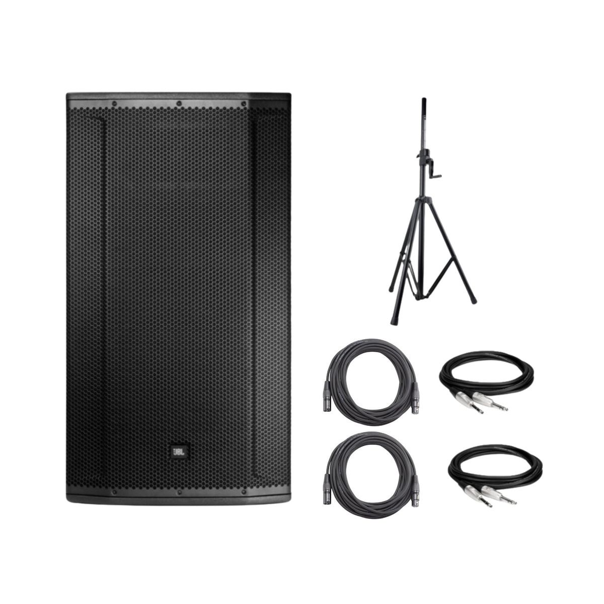 JBL SRX835P Portable 15" 3-Way Self-Powered Speaker with Speaker Stand, Two XLR Microphone Cables