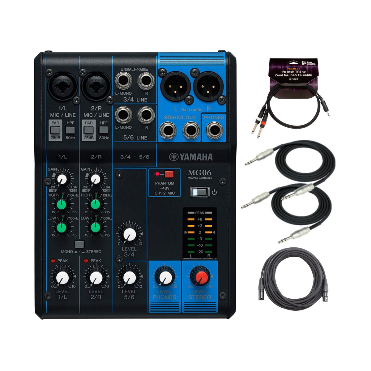 Yamaha MG06 6-Input Compact Stereo Mixer Bundle with 1/4-Inch TRS Cables, Breakout Cable, and Cable