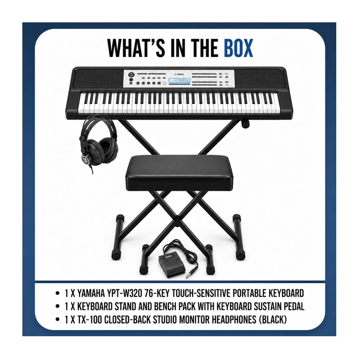 Yamaha YPT-W320 76-Key Portable Keyboard with Stand, Bench, Pedal, and Headphones Bundle