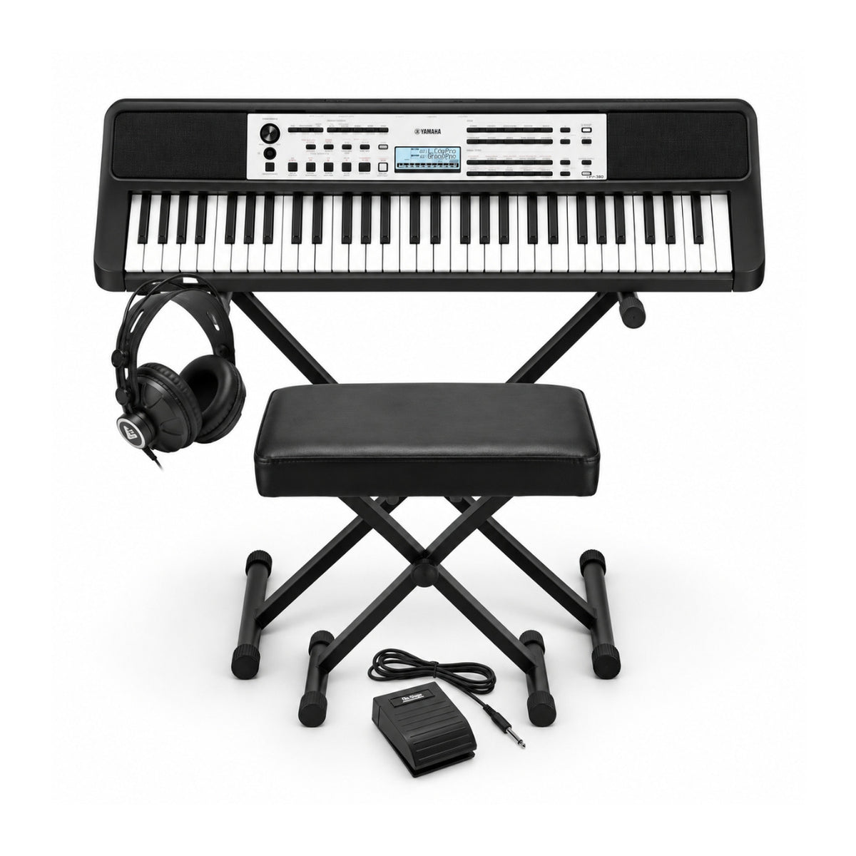 Yamaha YPT-380 61-Key Portable Keyboard Bundle with Stand, Bench, Pedal, and Headphones