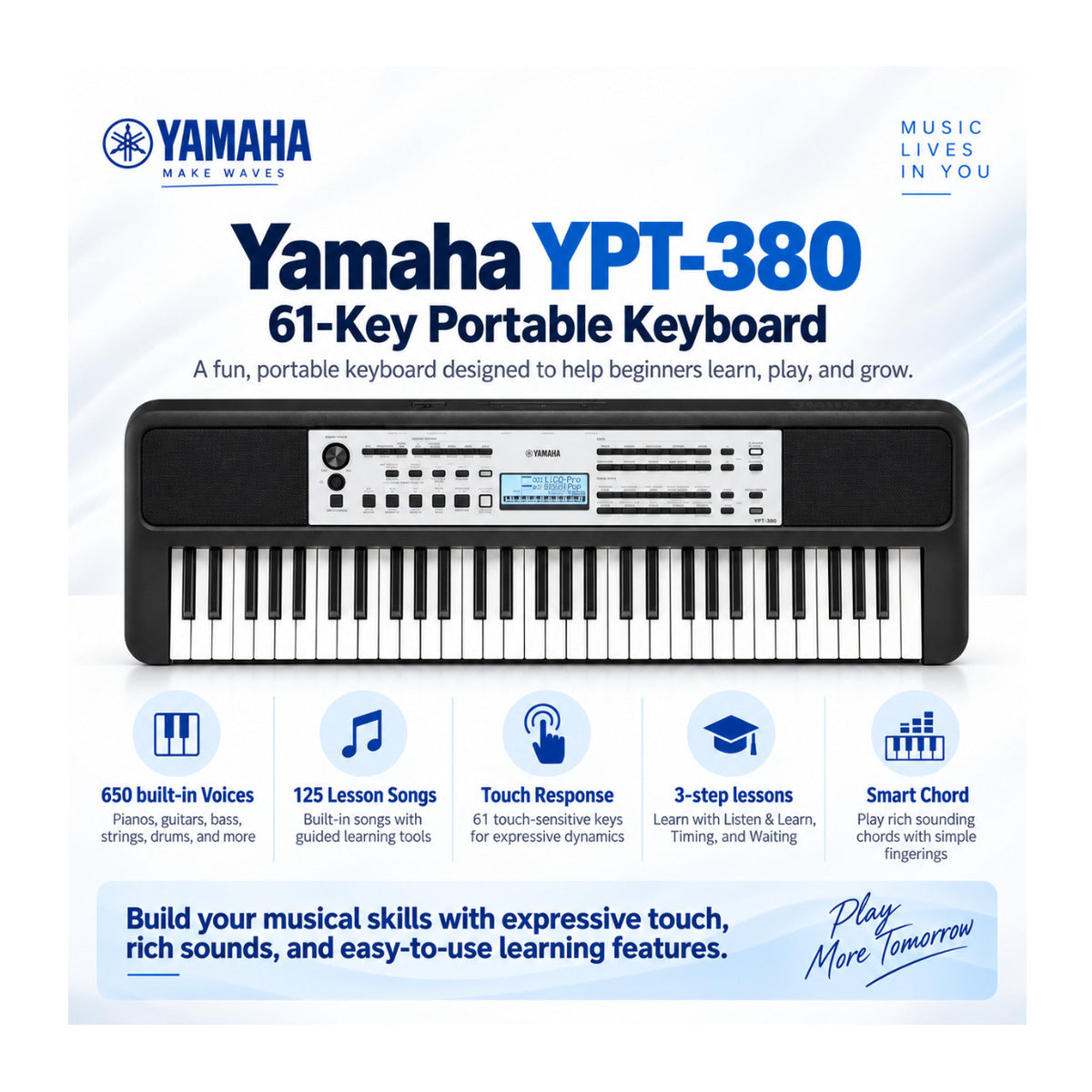 Yamaha YPT-380 61-Key Portable Keyboard Bundle with Stand, Bench, Pedal, and Headphones