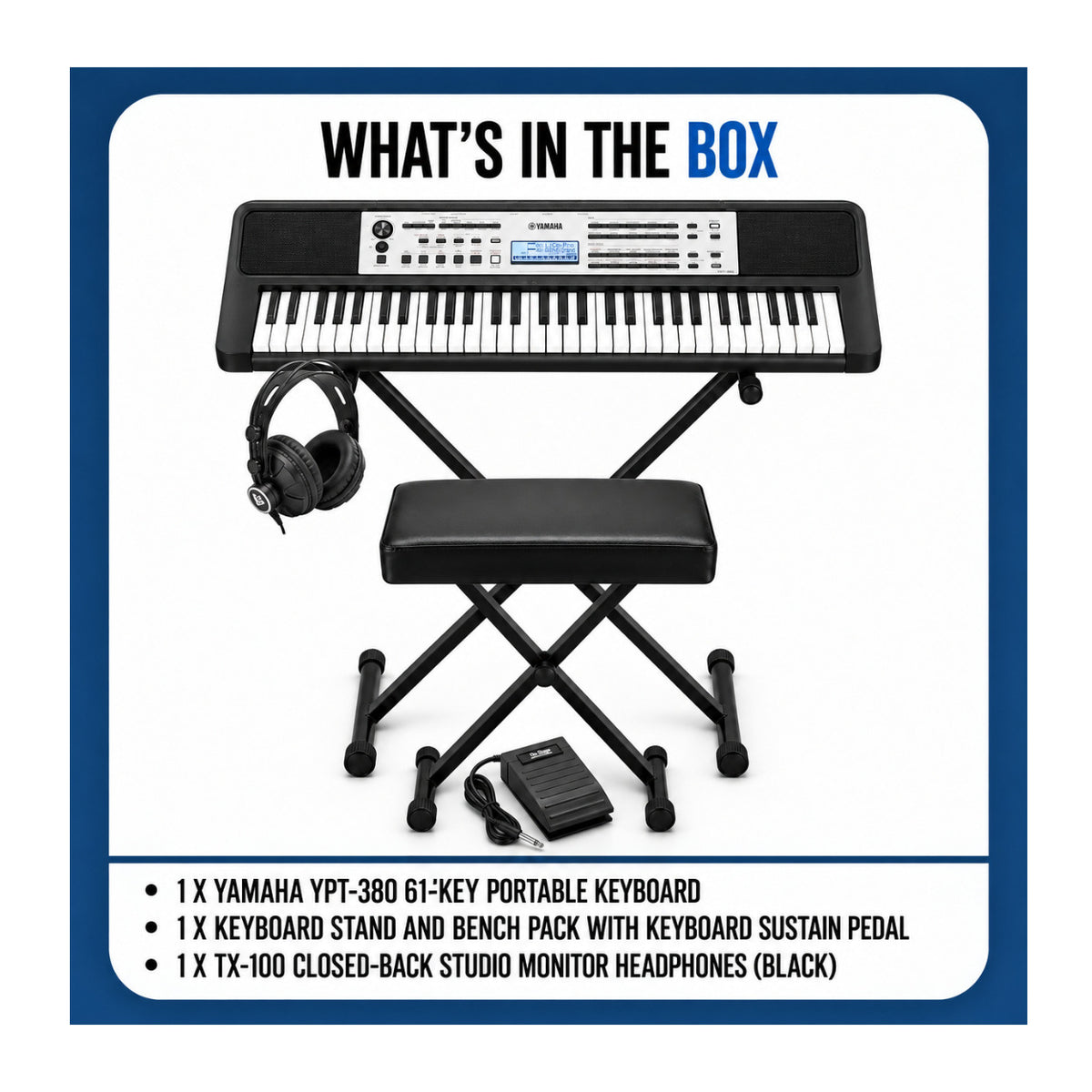 Yamaha YPT-380 61-Key Portable Keyboard Bundle with Stand, Bench, Pedal, and Headphones