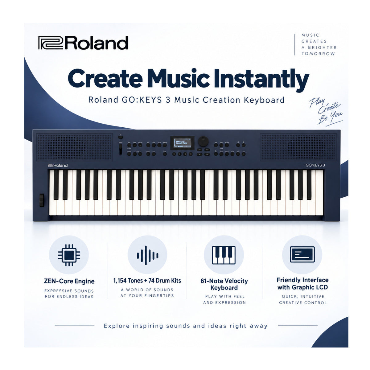 Roland GO:KEYS 3 Music Creation 61-Note Portable Keyboard (Midnight Blue) Bundle with Accessories