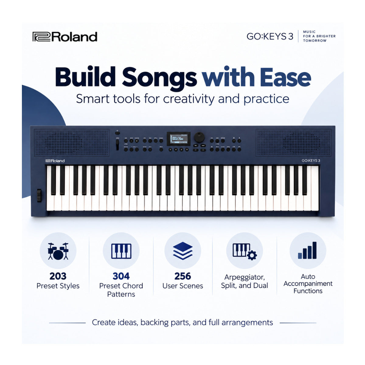 Roland GO:KEYS 3 Music Creation 61-Note Portable Keyboard (Midnight Blue) Bundle with Accessories