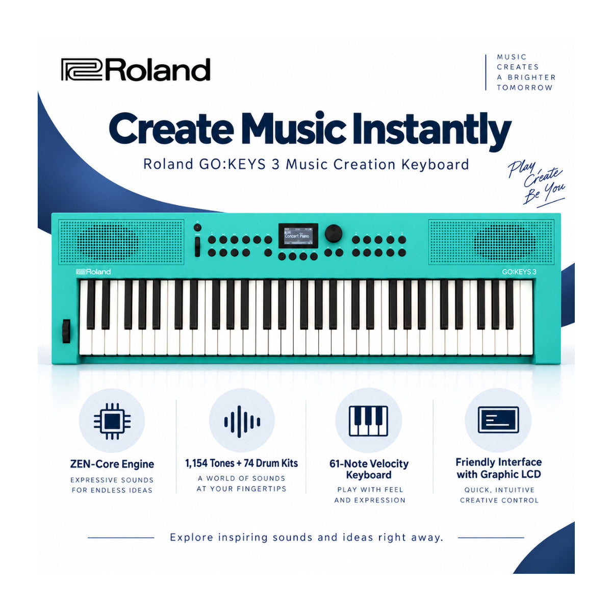 Roland GO:KEYS 3 Music Creation 61-Note Portable Keyboard (Turquoise) Bundle with Accessories