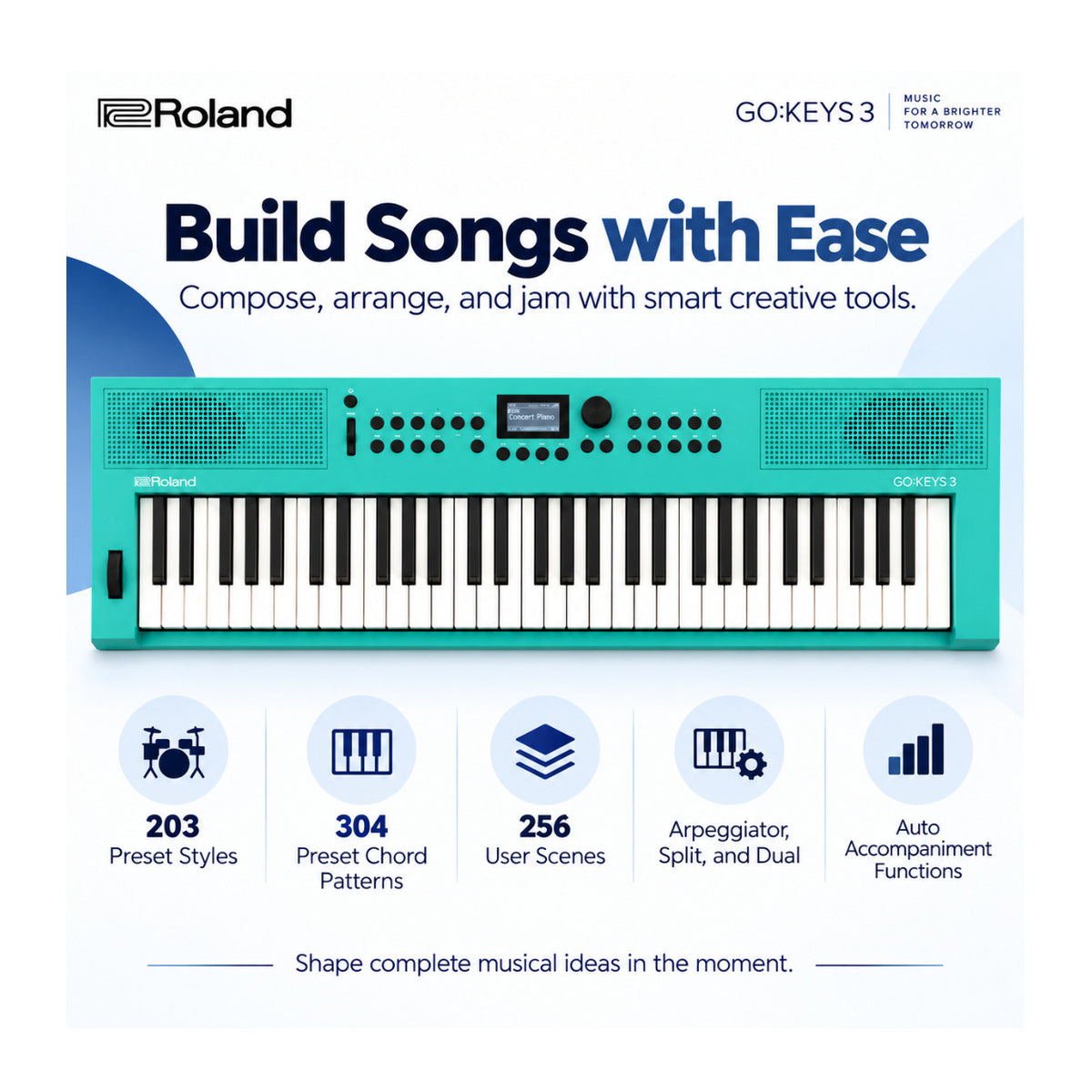 Roland GO:KEYS 3 Music Creation 61-Note Portable Keyboard (Turquoise) Bundle with Accessories