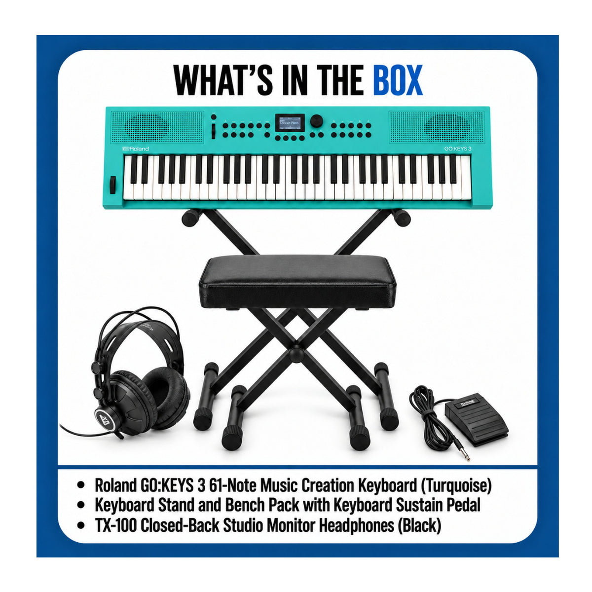 Roland GO:KEYS 3 Music Creation 61-Note Portable Keyboard (Turquoise) Bundle with Accessories