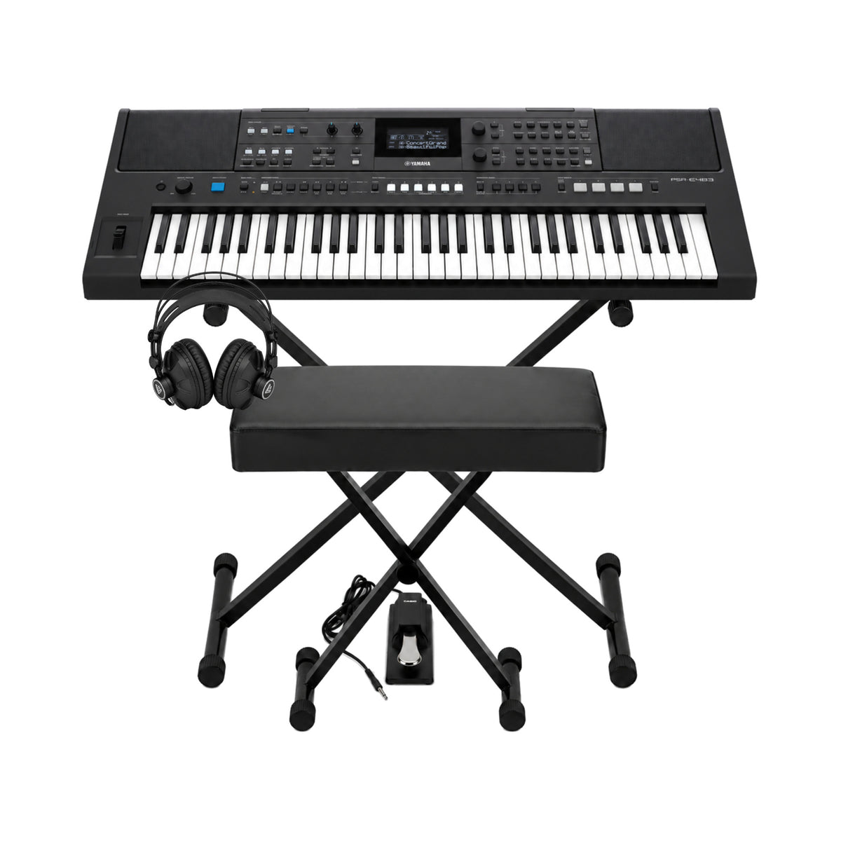 Yamaha PSR-E483 61-key Portable Keyboard with Stand, Bench, Headphones and Pedal Bundle