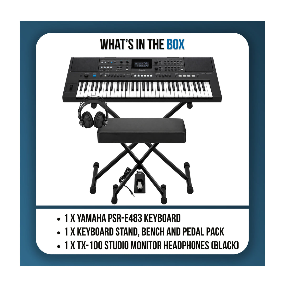 Yamaha PSR-E483 61-key Portable Keyboard with Stand, Bench, Headphones and Pedal Bundle