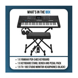 Yamaha PSR-E483 61-key Portable Keyboard with Stand, Bench, Headphones and Pedal Bundle