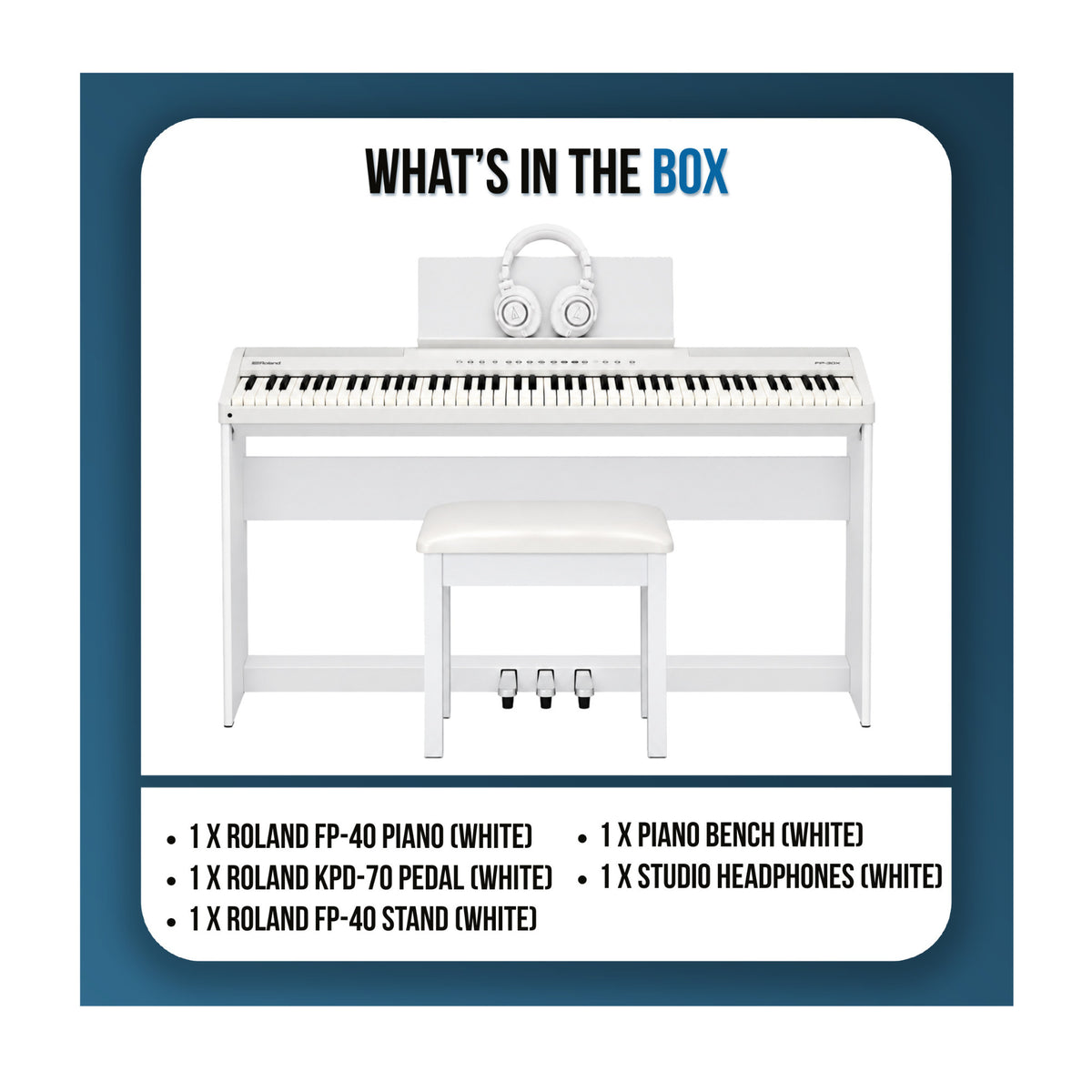 Roland FP-40 88-Key Digital Piano Bundle with Stand, Pedal Unit, Bench and Headphones (White)