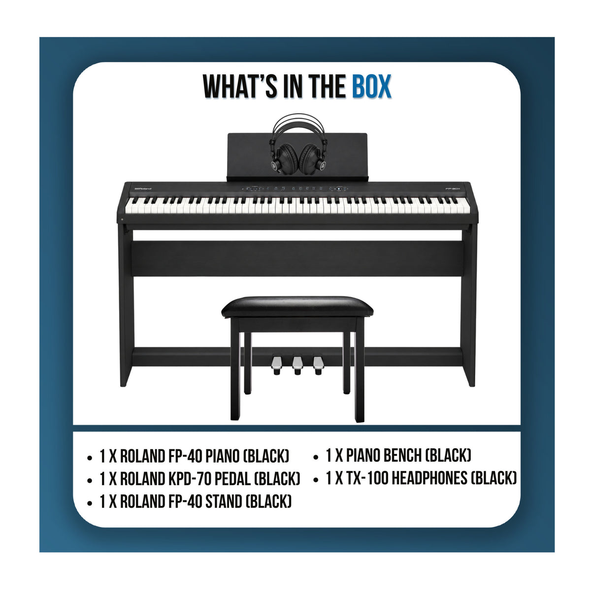 Roland FP-40 88-Key Digital Piano Bundle with Stand, Pedal Unit, Bench and Headphones (Black)