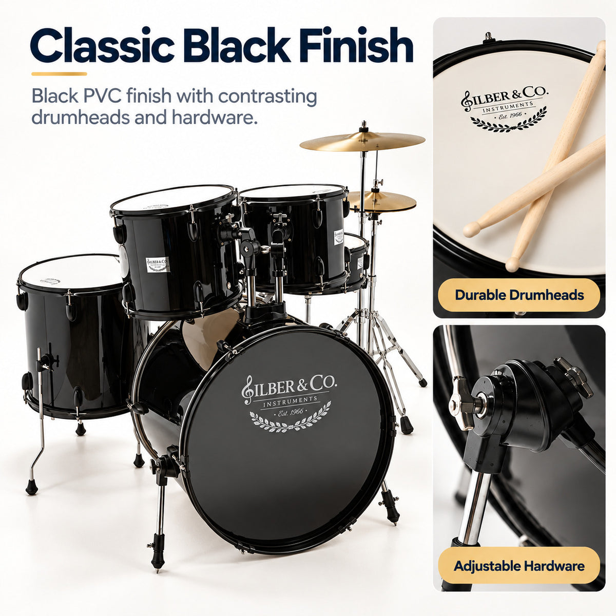 Silber & Co. 5-Piece Complete Acoustic Drum Set with Throne (Black)