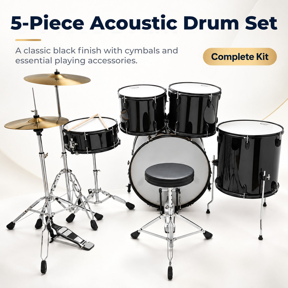 Silber & Co. 5-Piece Complete Acoustic Drum Set with Throne (Black)