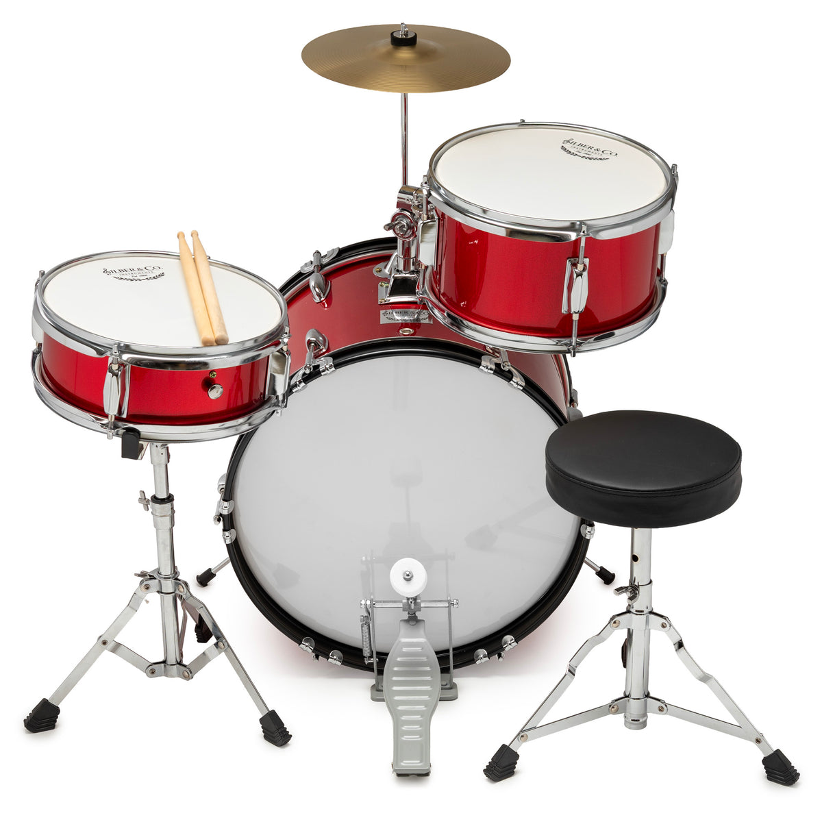 Silber & Co. 3 Piece Junior Drum Set (Red) with Throne and Cymbal