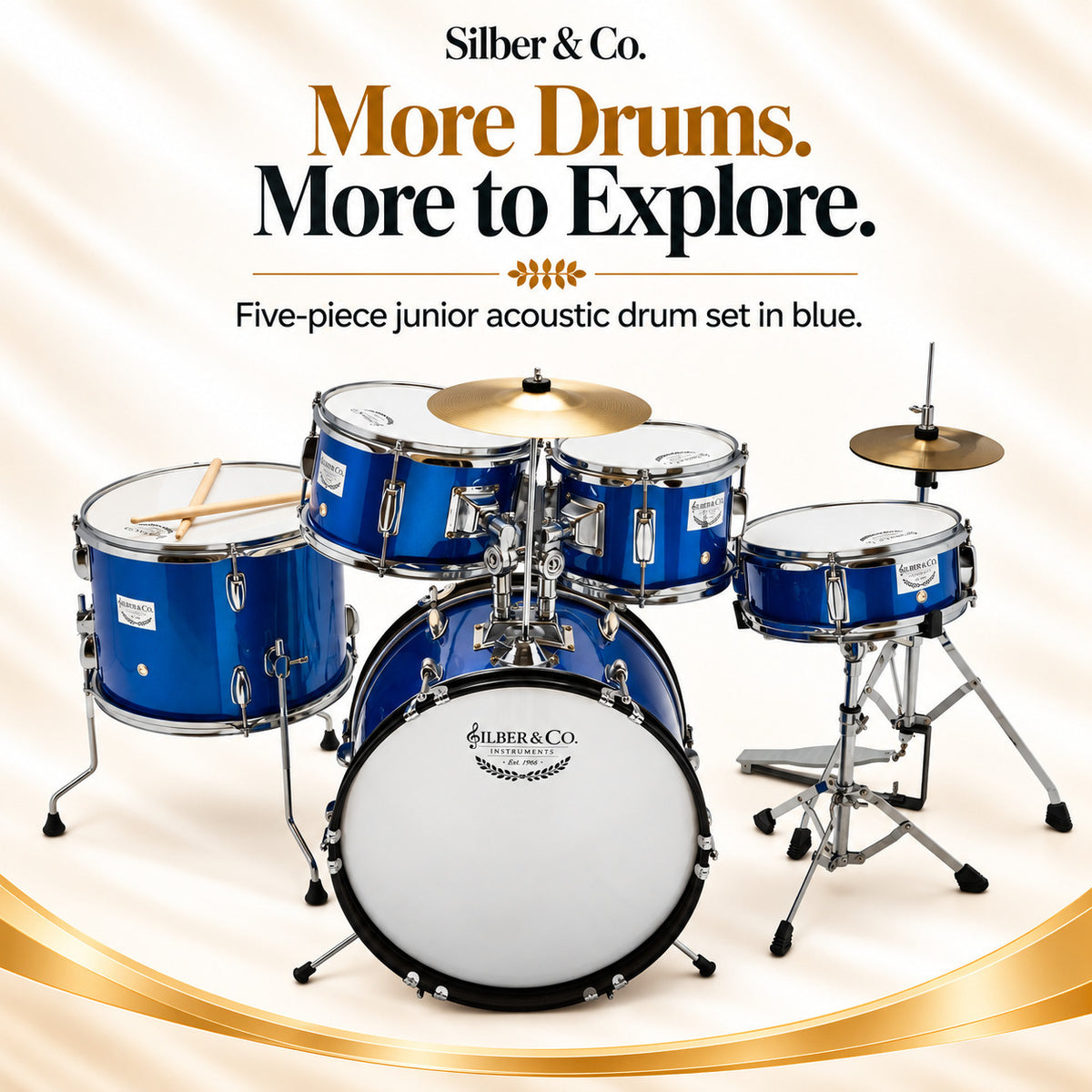Silber & Co. 5 Piece Complete Junior Drum Set (Blue) with Throne