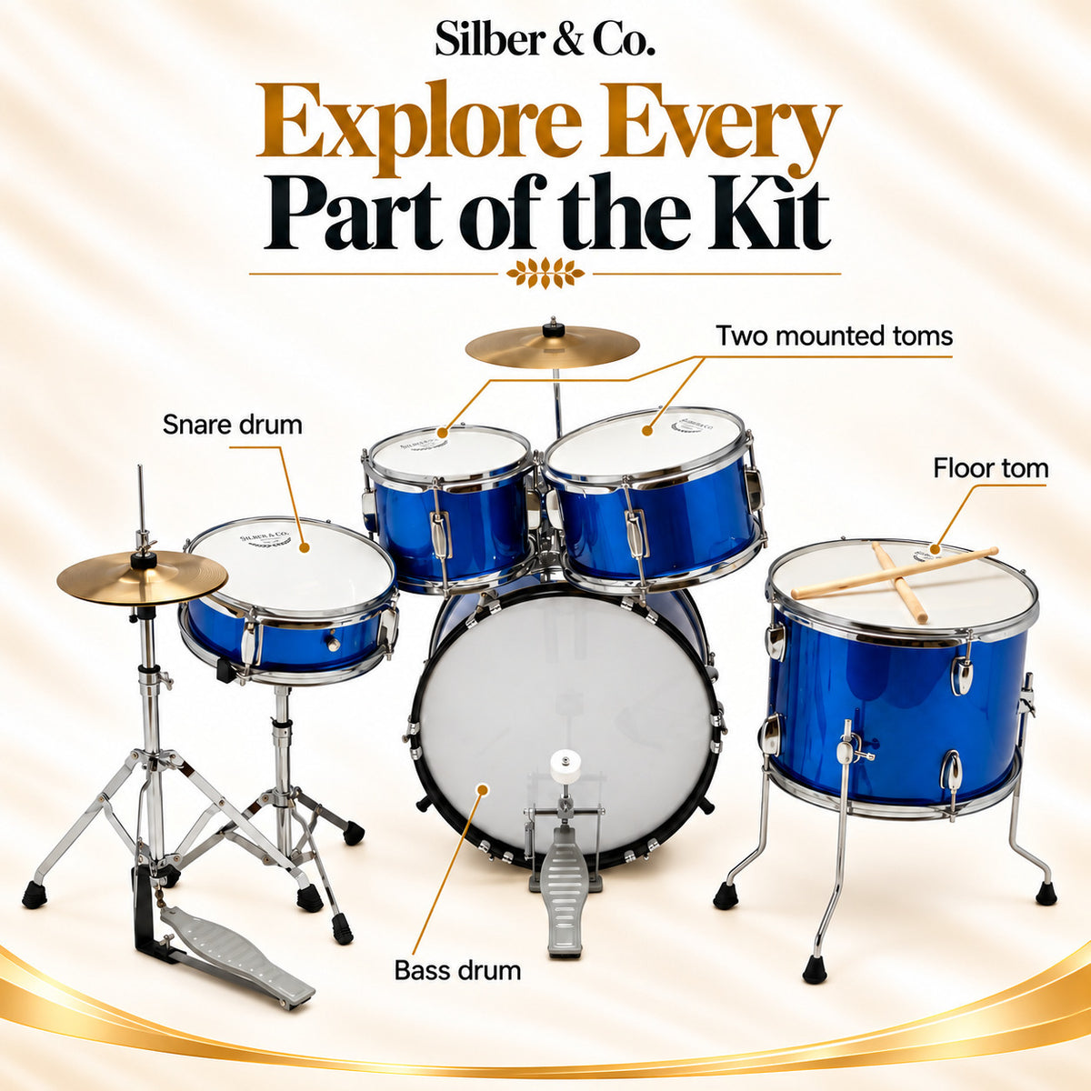 Silber & Co. 5 Piece Complete Junior Drum Set (Blue) with Throne