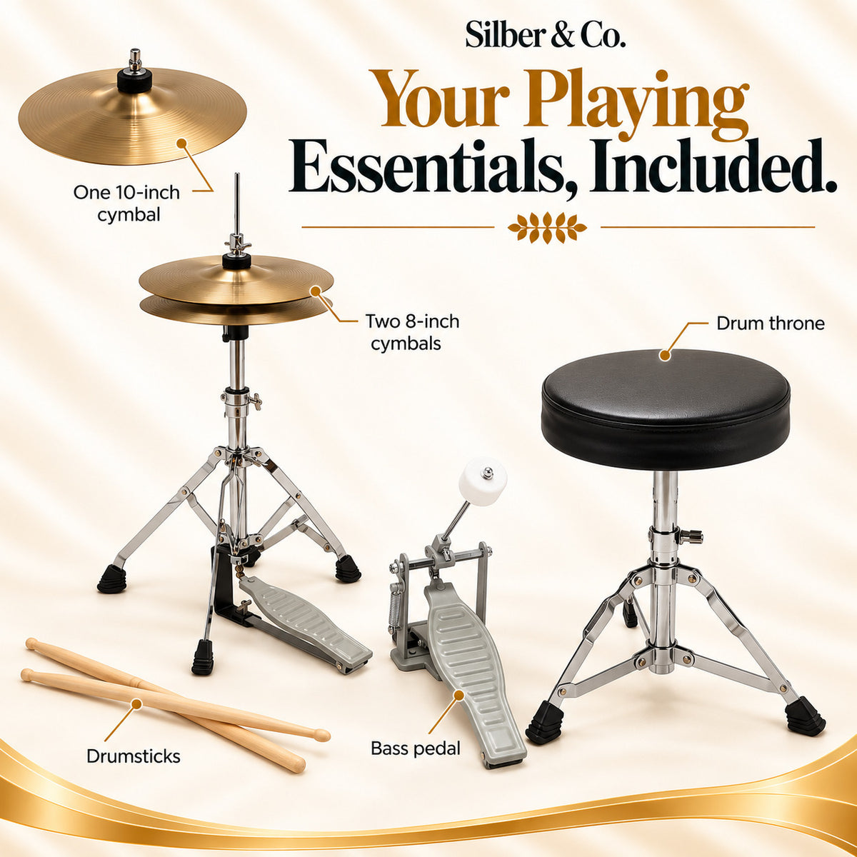 Silber & Co. 5 Piece Complete Junior Drum Set (Blue) with Throne