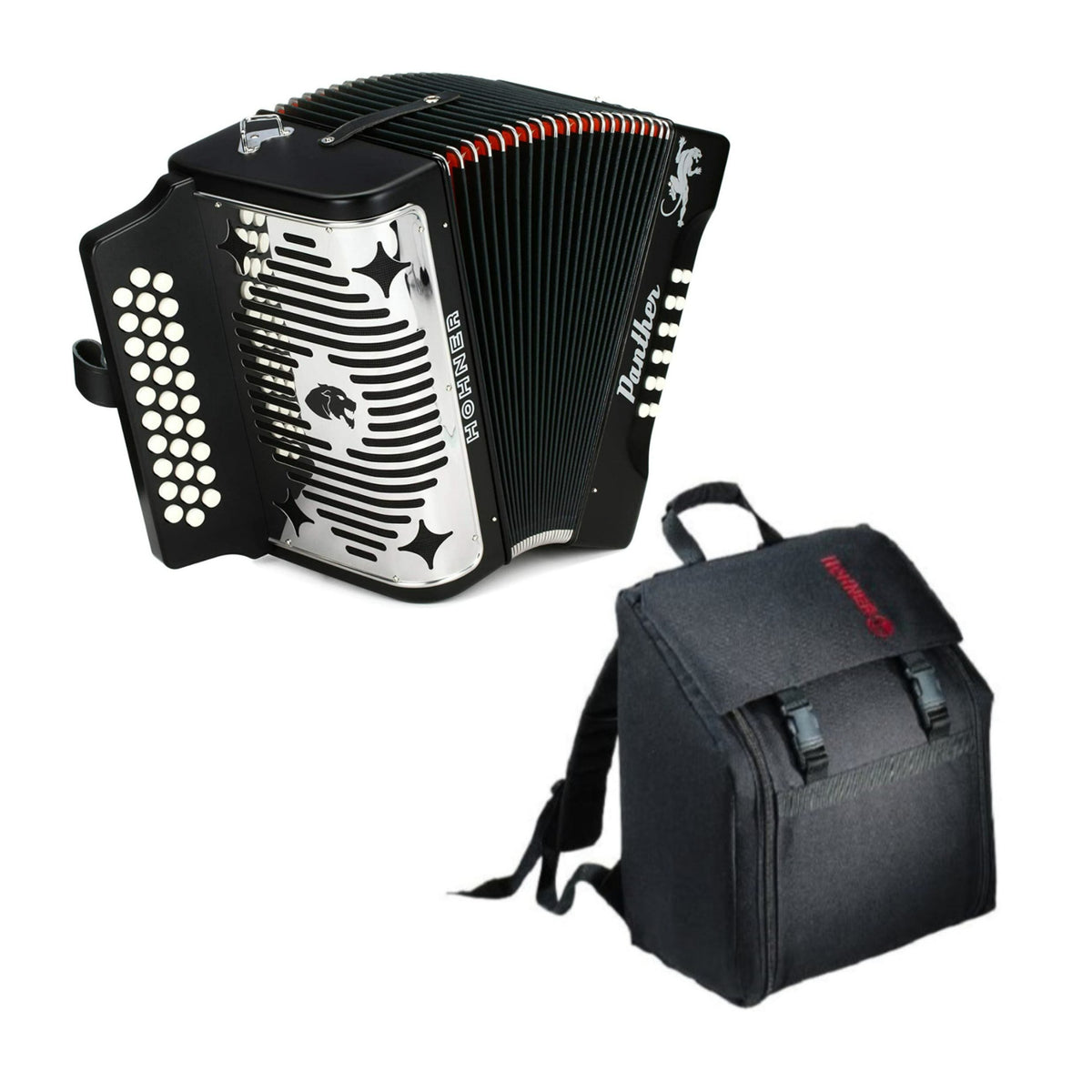 Hohner Accordions 3100FB Panther 3-Row Diatonic Accordion - Keys of F/Bb/Eb - Black with AGB Gig Bag