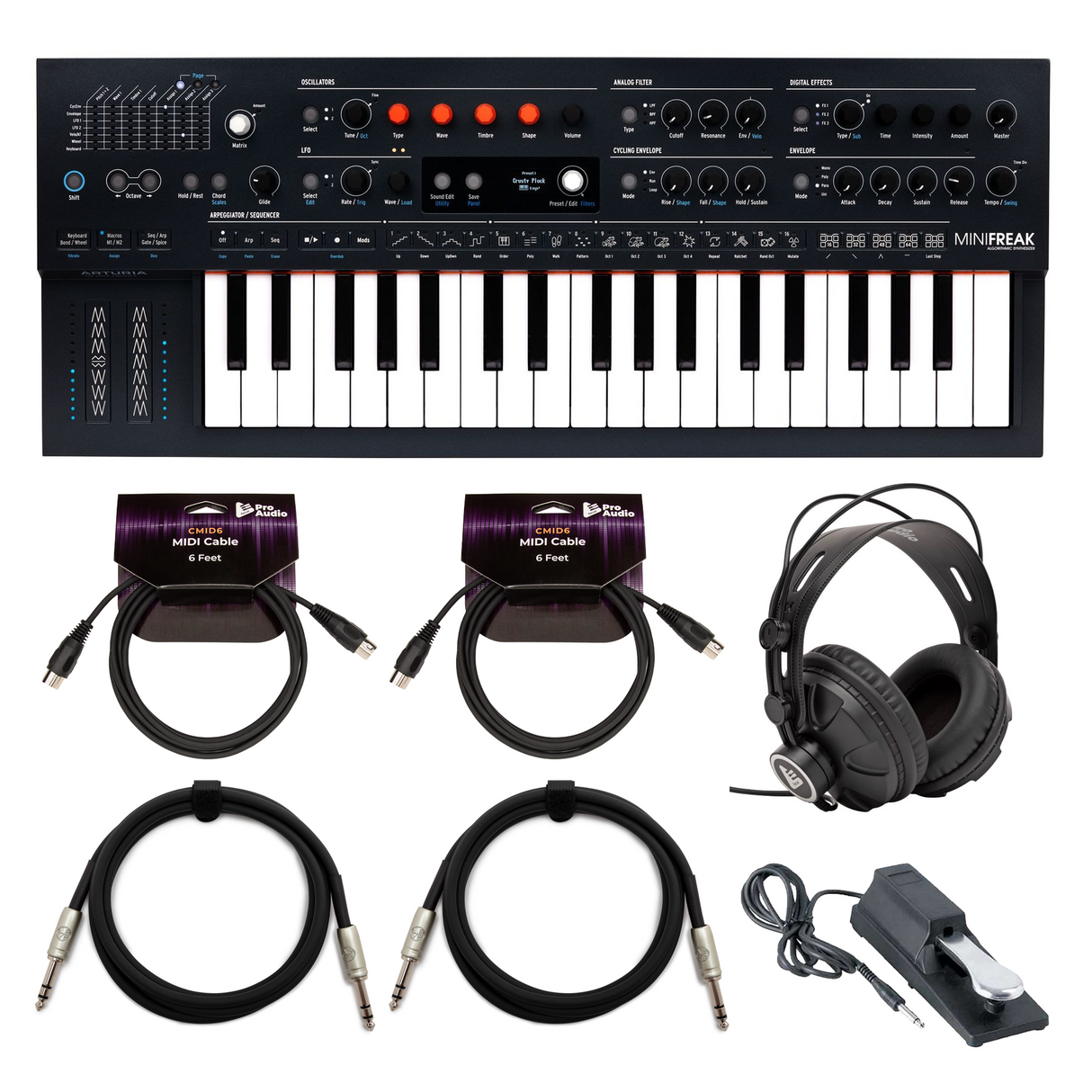 Arturia MiniFreak 37-Key Hybrid Synthesizer with Headphones, Pedal, and Cables