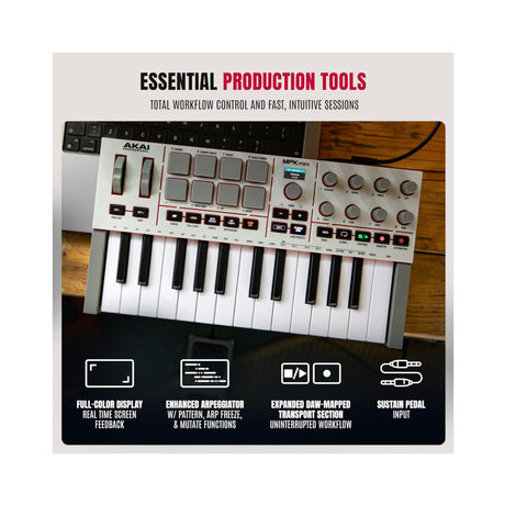 Akai Professional MPK Mini IV 25-Key USB-C MIDI Keyboard Controller (White) with Cover and Pedal - 6